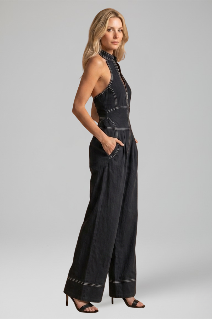 Women's Halter Neck Wide Leg Jumpsuit with Contrast Stitching