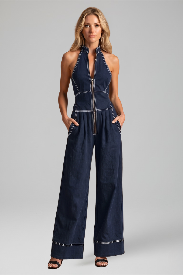 Women's Halter Neck Wide Leg Jumpsuit with Contrast Stitching