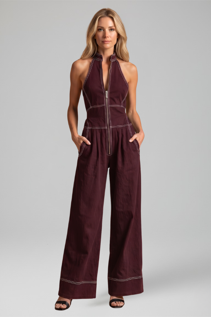 Women's Halter Neck Wide Leg Jumpsuit with Contrast Stitching