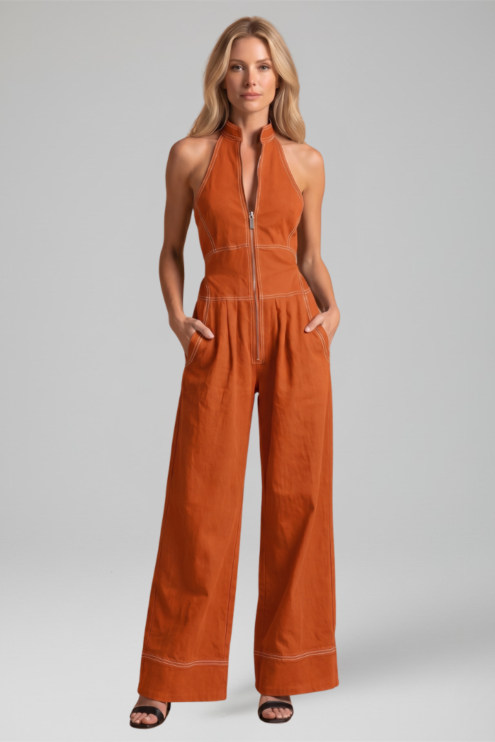 Women's Halter Neck Wide Leg Jumpsuit with Contrast Stitching