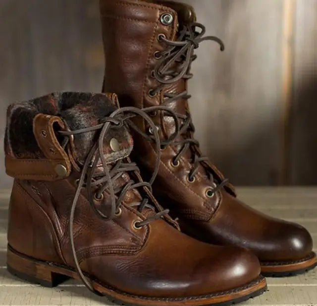 Bottes de combat en cuir à lacets avec revers rabattable