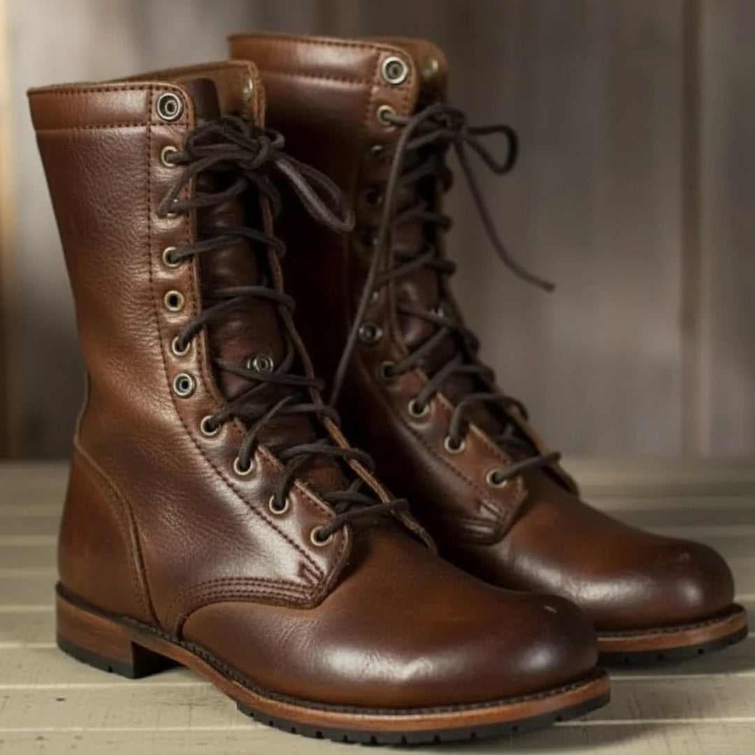 Bottes de combat en cuir à lacets avec revers rabattable