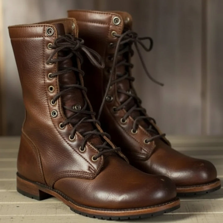 Bottes de combat en cuir à lacets avec revers rabattable