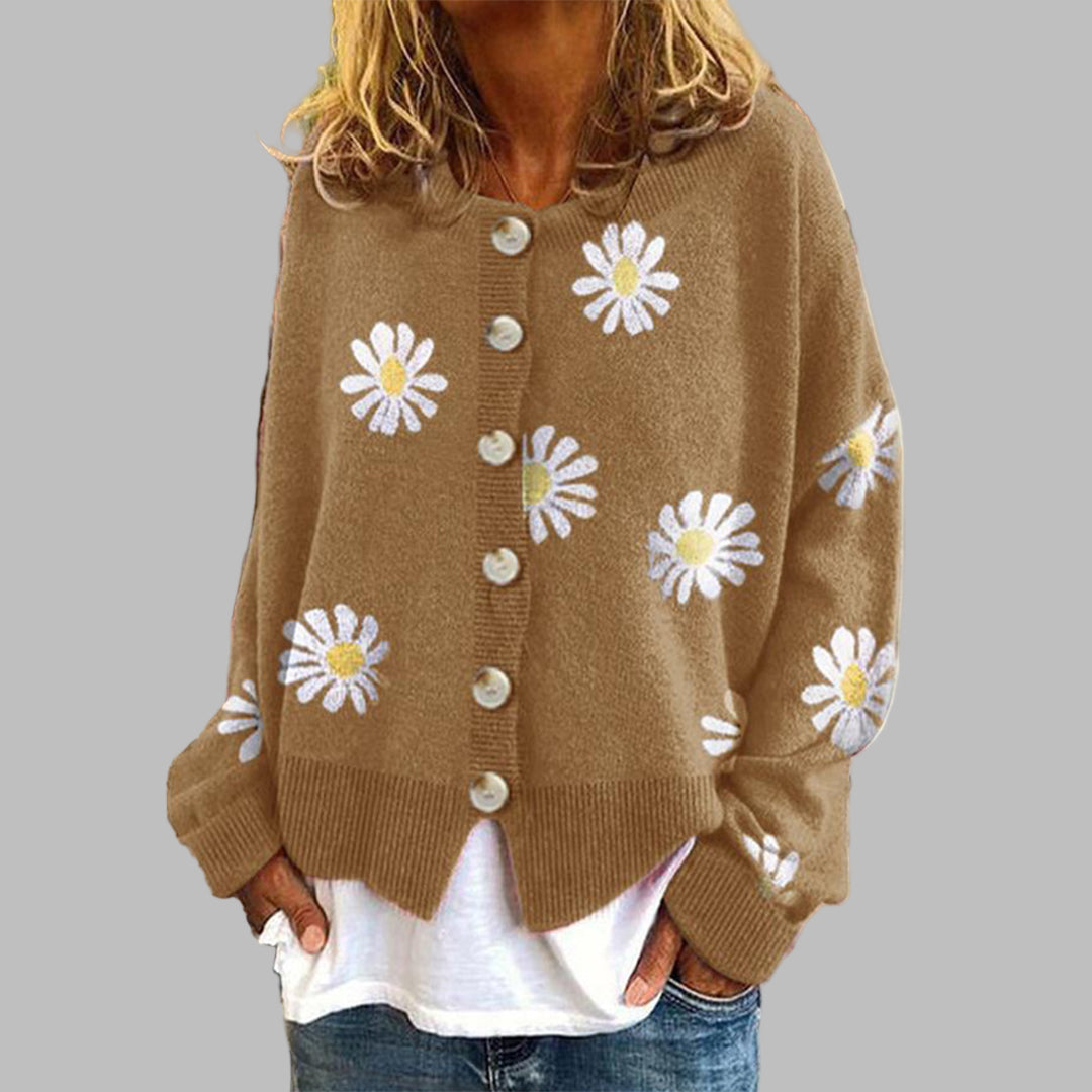 Gilet boutonné pour femme avec broderie de marguerites et ourlet côtelé