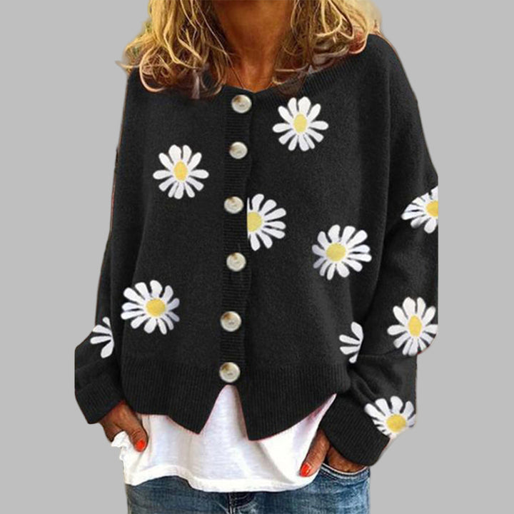 Gilet boutonné pour femme avec broderie de marguerites et ourlet côtelé