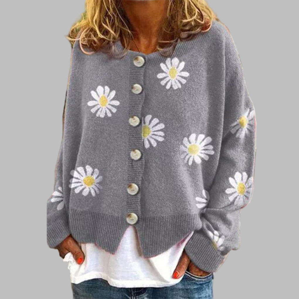 Gilet boutonné pour femme avec broderie de marguerites et ourlet côtelé