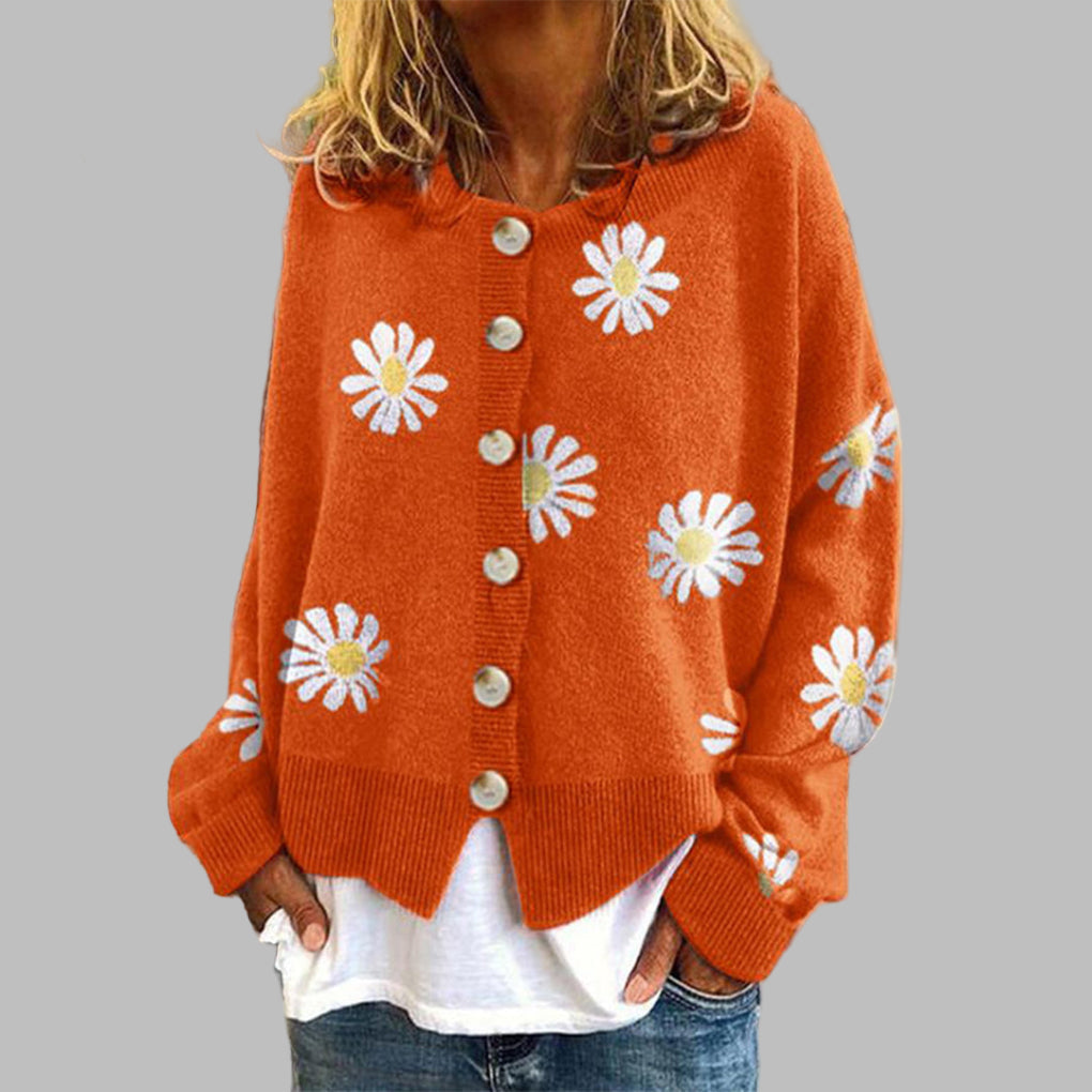 Gilet boutonné pour femme avec broderie de marguerites et ourlet côtelé