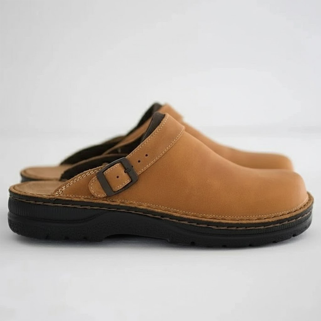 Men's Leather Buckle Strap Mules with Contrast Stitching