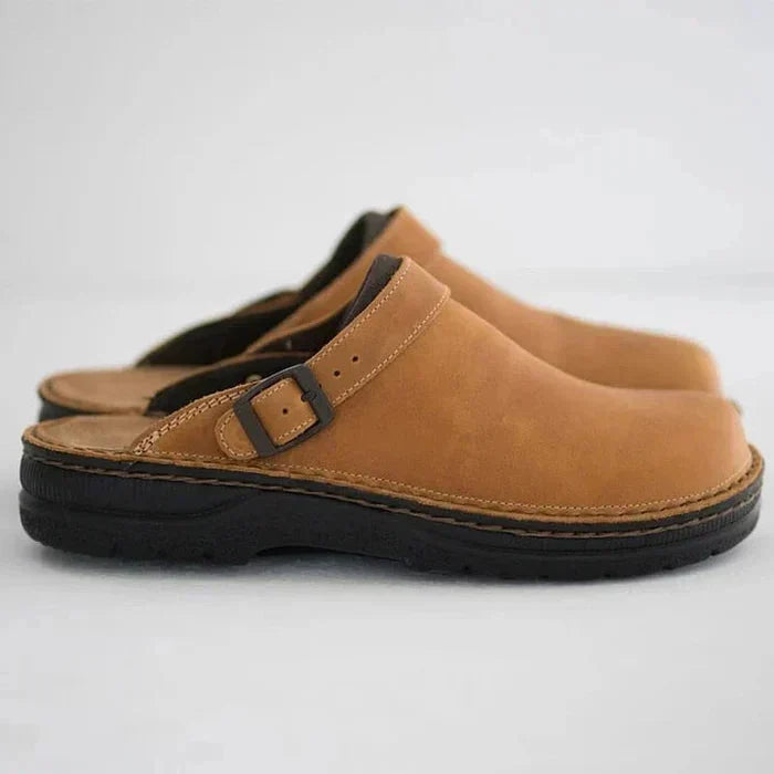 Men's Leather Buckle Strap Mules with Contrast Stitching