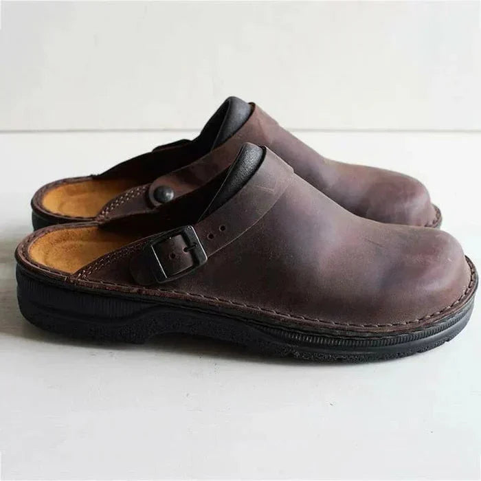 Men's Leather Buckle Strap Mules with Contrast Stitching