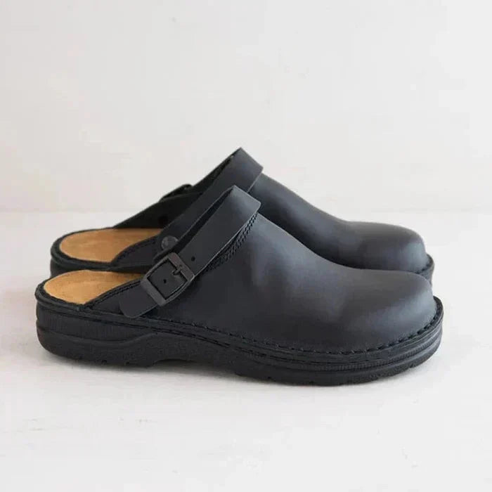 Men's Leather Buckle Strap Mules with Contrast Stitching