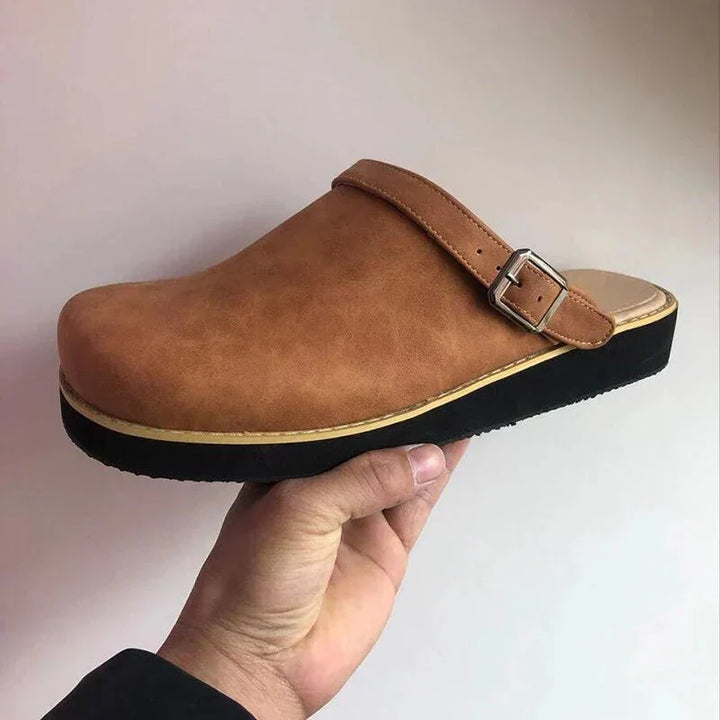 Men's Leather Buckle Strap Mules with Contrast Stitching