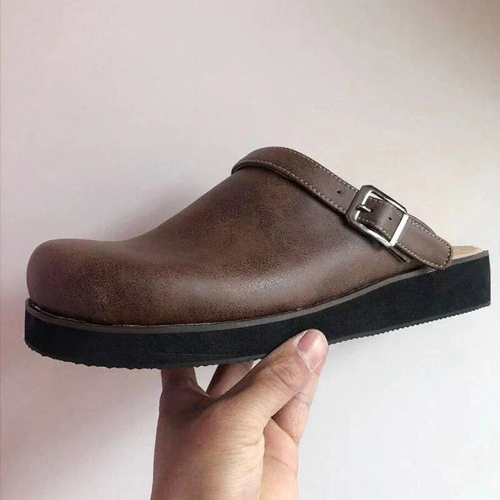 Men's Leather Buckle Strap Mules with Contrast Stitching