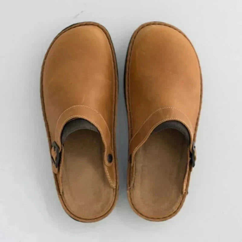 Men's Leather Buckle Strap Mules with Contrast Stitching