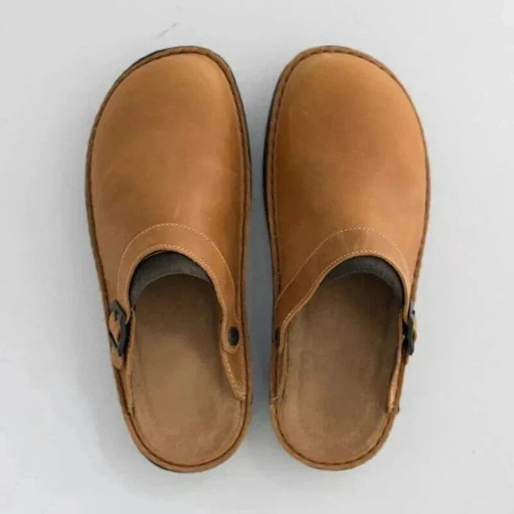 Men's Leather Buckle Strap Mules with Contrast Stitching