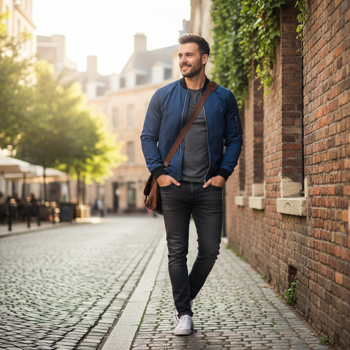 Men's Zip Up Bomber Jacket with Utility Pocket