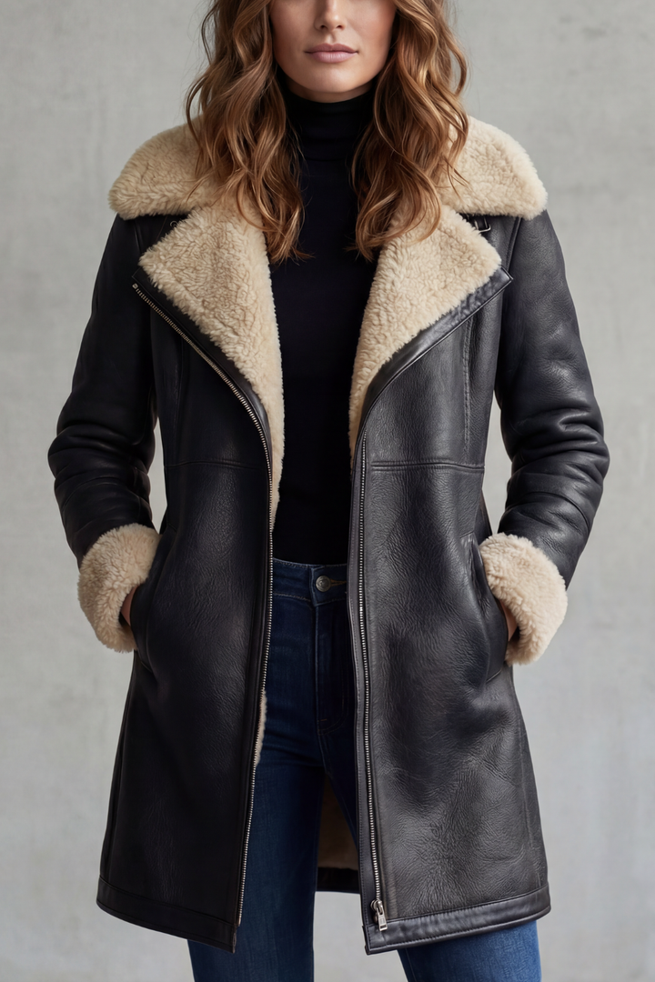 Women's Leather Coat with Faux Shearling Collar