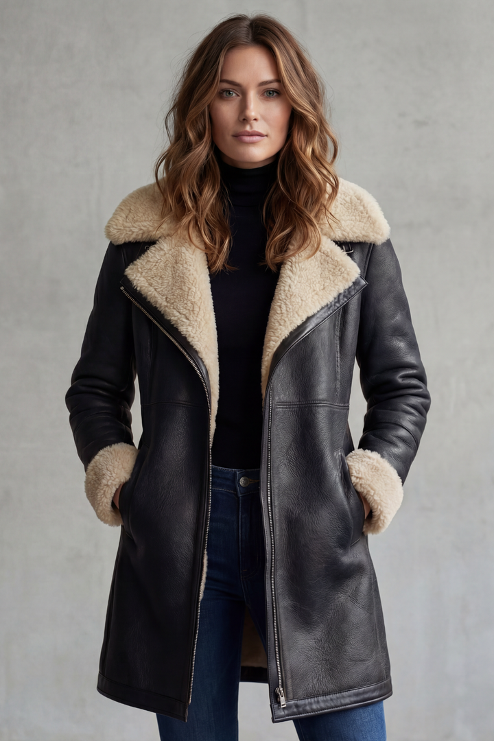Women's Leather Coat with Faux Shearling Collar