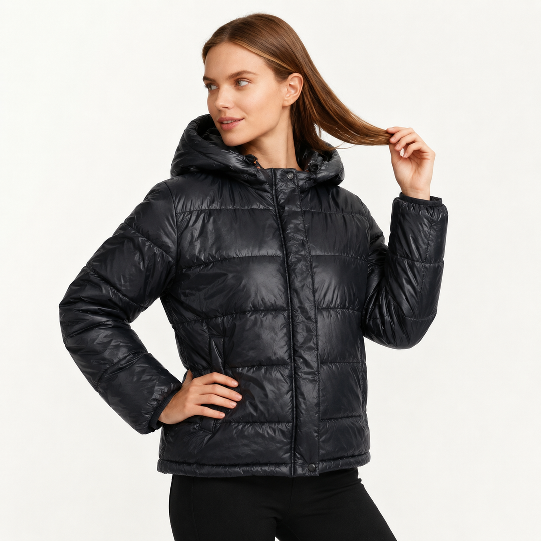 Women's Glossy Puffer Jacket with Padded Hood