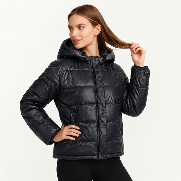 Women's Glossy Puffer Jacket with Padded Hood