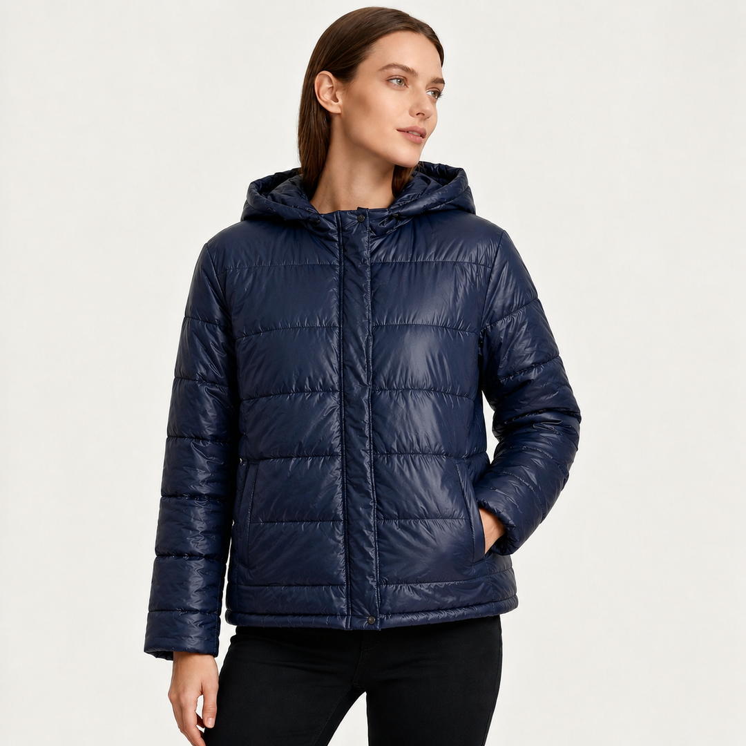 Women's Glossy Puffer Jacket with Padded Hood