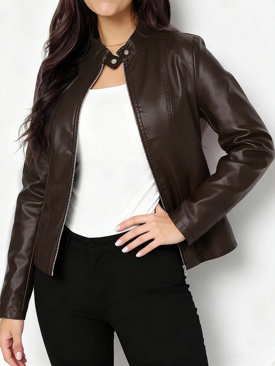 Women's Leather Jacket with Stand Collar