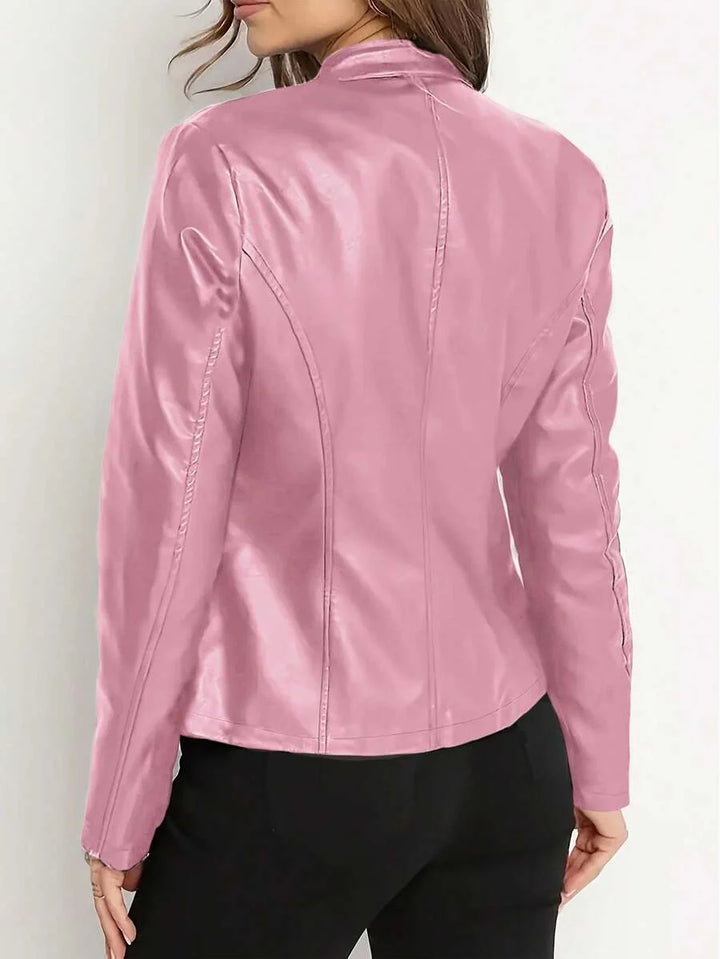 Women's Leather Jacket with Stand Collar