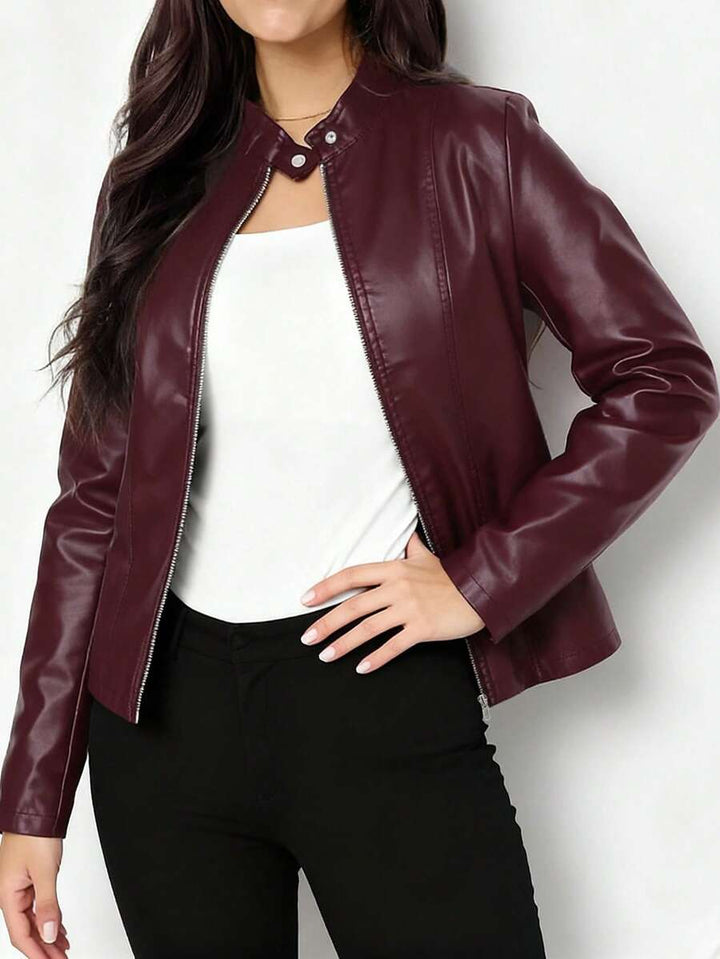 Women's Leather Jacket with Stand Collar