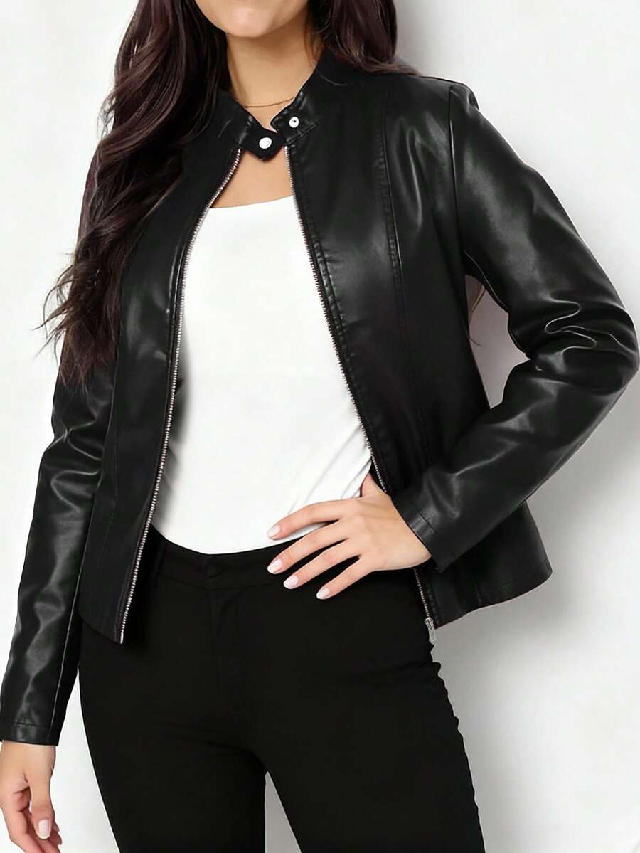 Women's Leather Jacket with Stand Collar