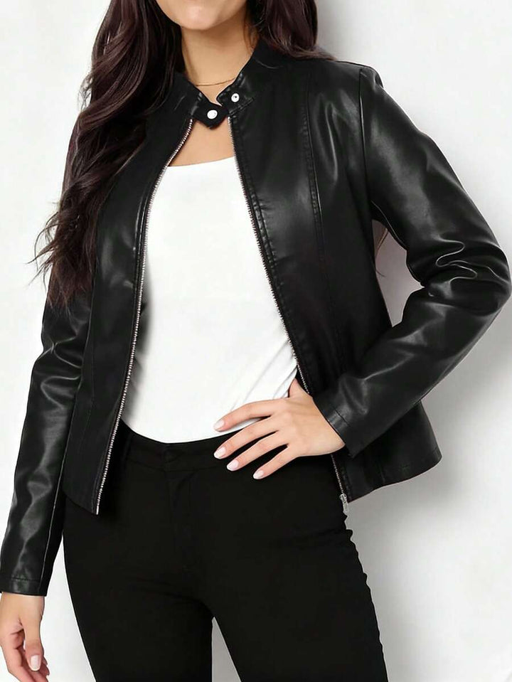 Women's Leather Jacket with Stand Collar