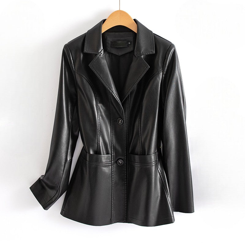 Veste ajustée en cuir pour femme avec poches plaquées