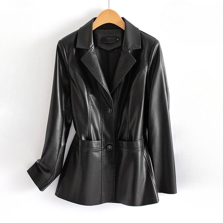 Veste ajustée en cuir pour femme avec poches plaquées