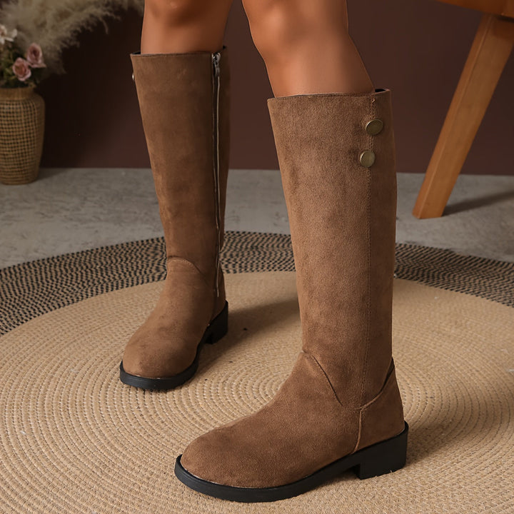 Women's Suede Knee High Boots with Gold Button Detail