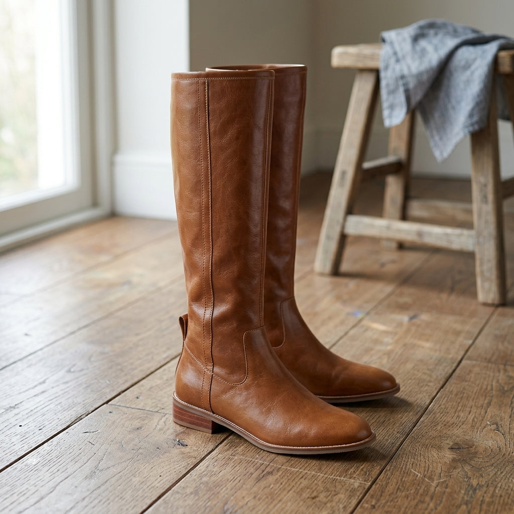 Bottes hautes jusqu'au genou pour femme à l'aspect cuir, avec talon carré bas