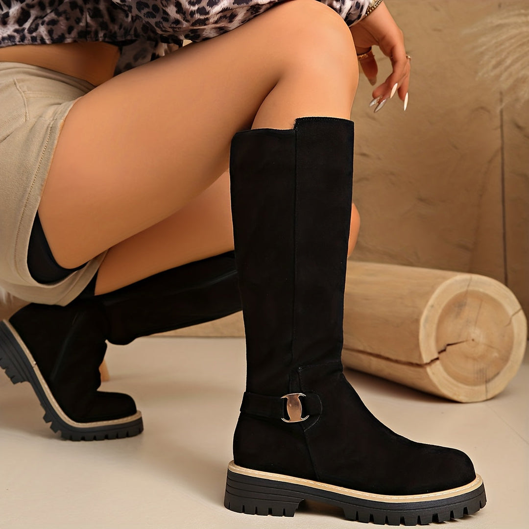 Women's Suede-Style Knee High Boots with Buckle Detail