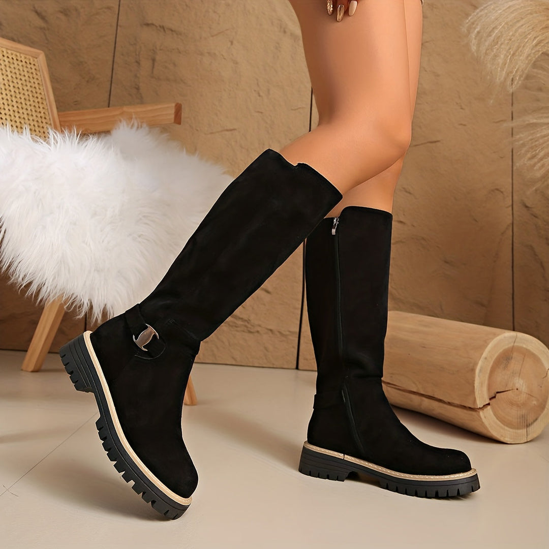 Women's Suede-Style Knee High Boots with Buckle Detail