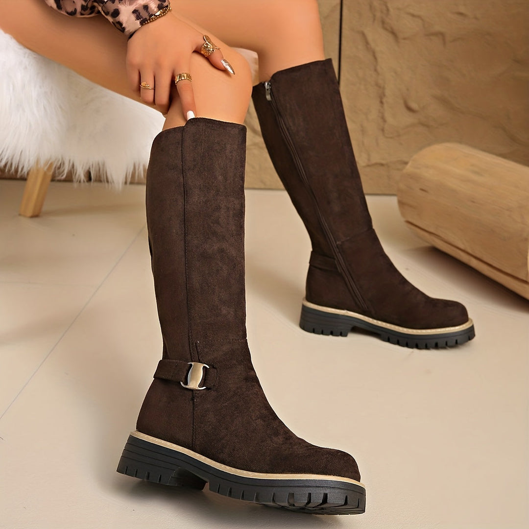 Women's Suede-Style Knee High Boots with Buckle Detail