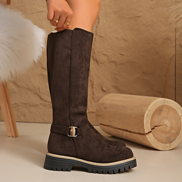 Women's Suede-Style Knee High Boots with Buckle Detail