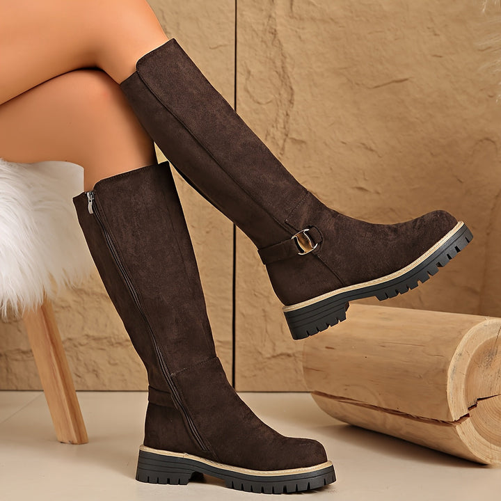 Women's Suede Knee High Boots with Buckle Detail