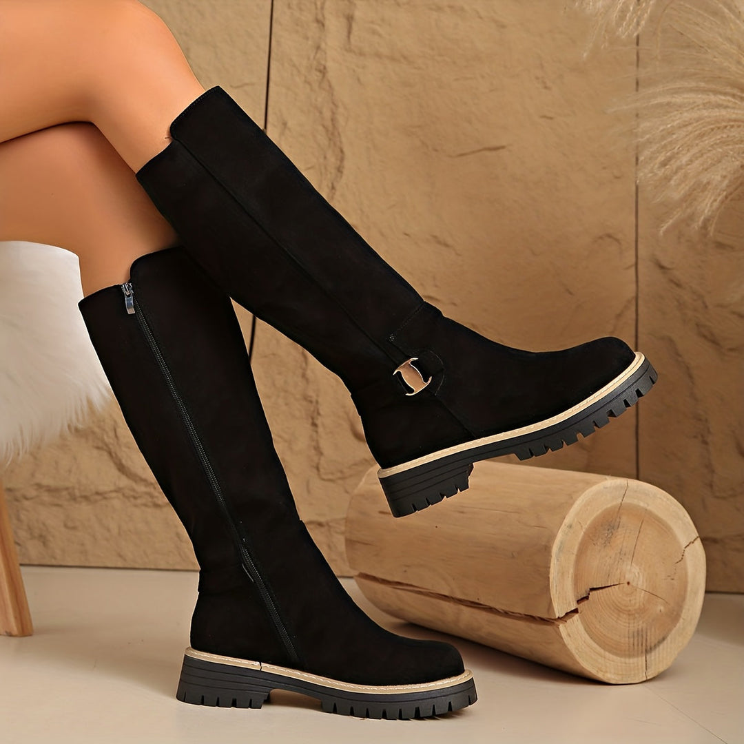 Women's Suede-Style Knee High Boots with Buckle Detail