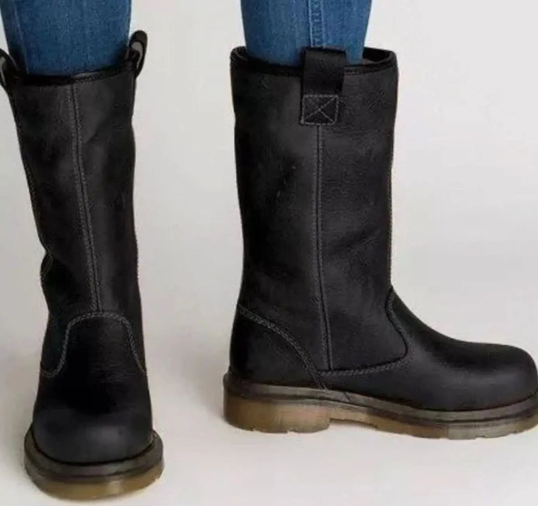 Bottes pour femme en cuir doublées en polaire, hauteur mi-mollet