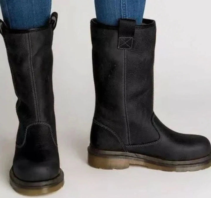 Bottes pour femme en cuir doublées en polaire, hauteur mi-mollet
