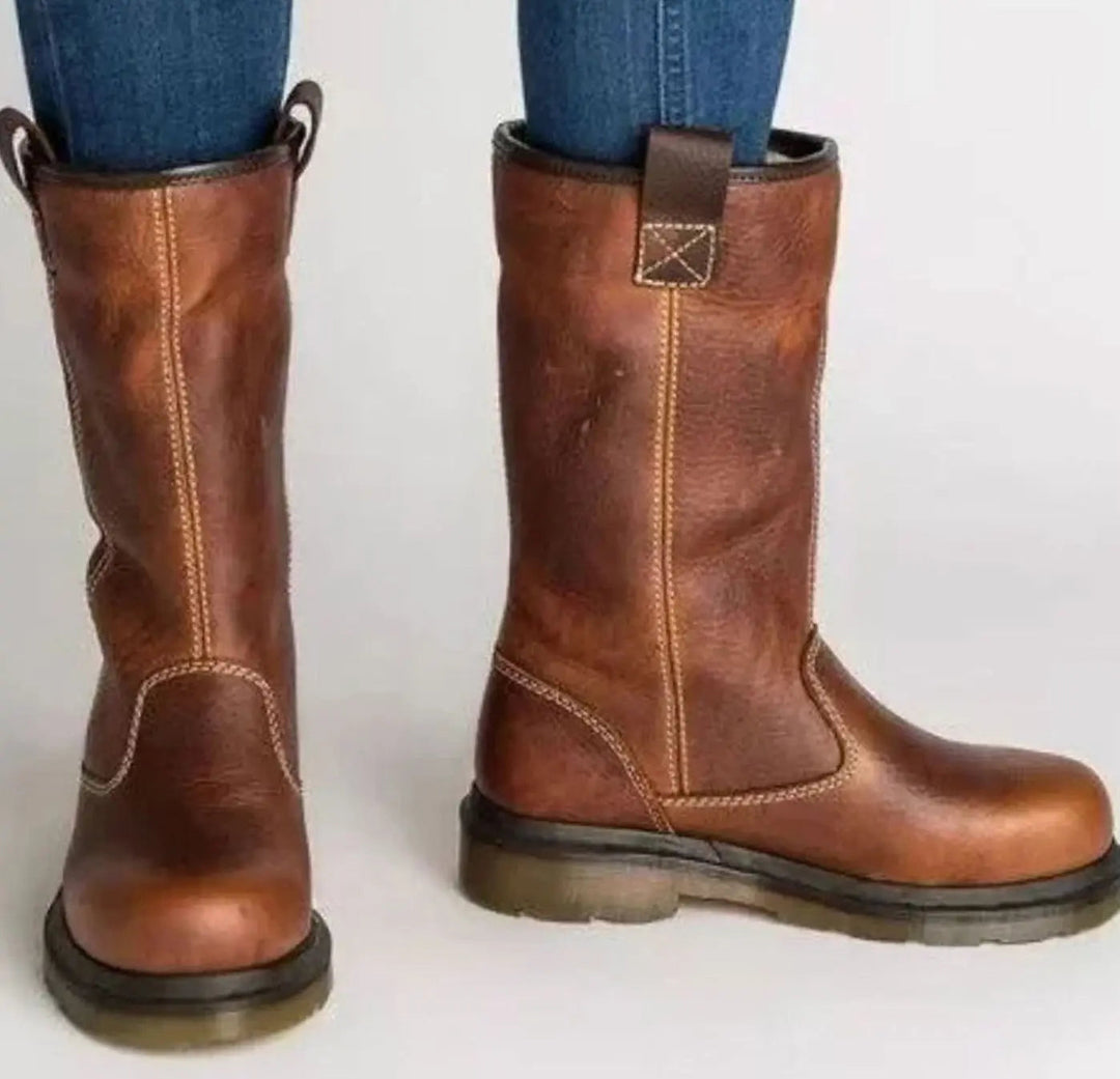 Bottes pour femme en cuir doublées en polaire, hauteur mi-mollet