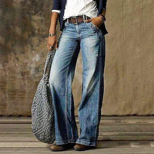 Women's Wide-Leg Denim Jeans with Contrast Stitching