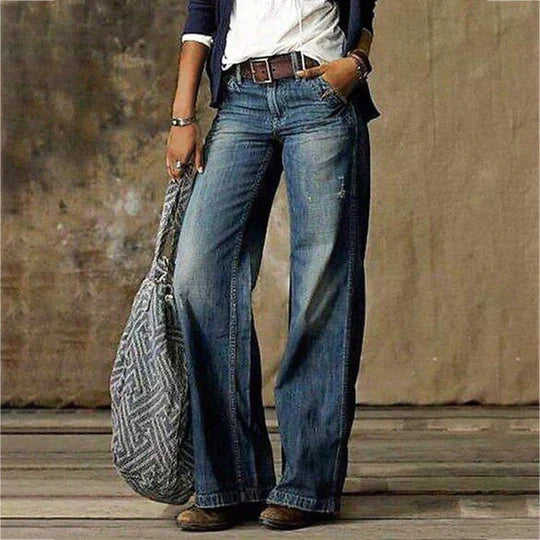 Women's Wide-Leg Denim Jeans with Contrast Stitching