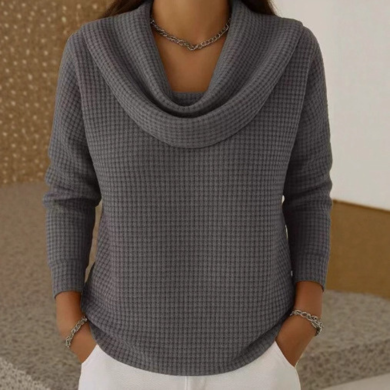 Women's Waffle Knit Cowl Neck Top with Long Sleeves
