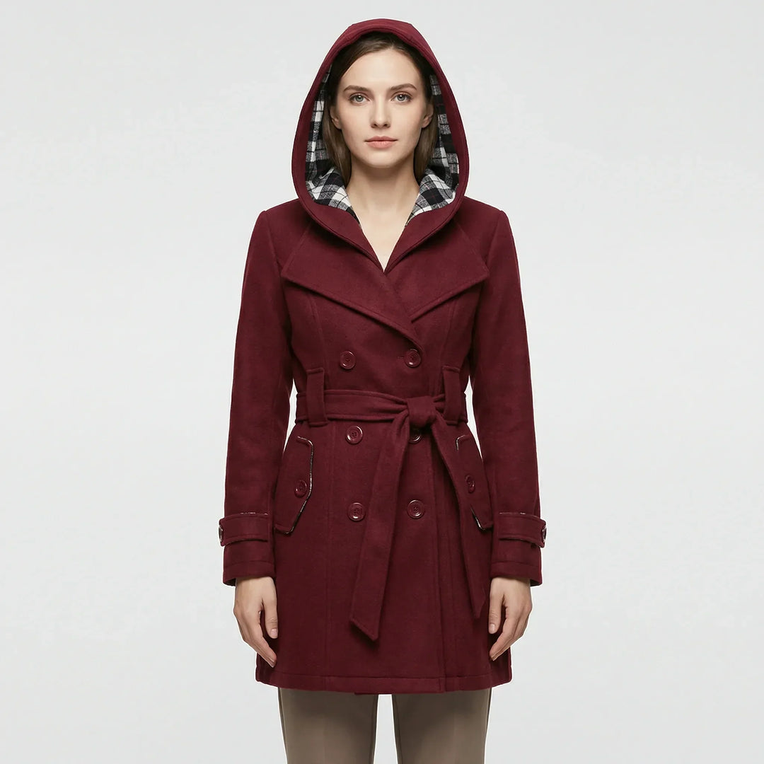 Women's Hooded Trench Coat with Double-Breasted Belt
