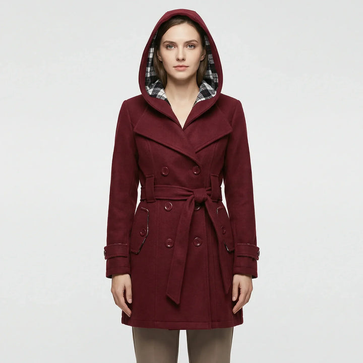 Women's Hooded Trench Coat with Double-Breasted Belt
