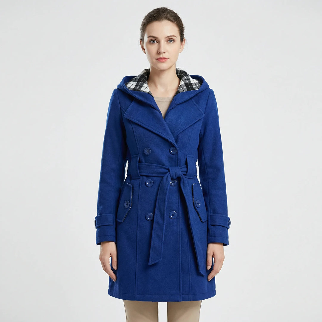 Women's Hooded Trench Coat with Double-Breasted Belt