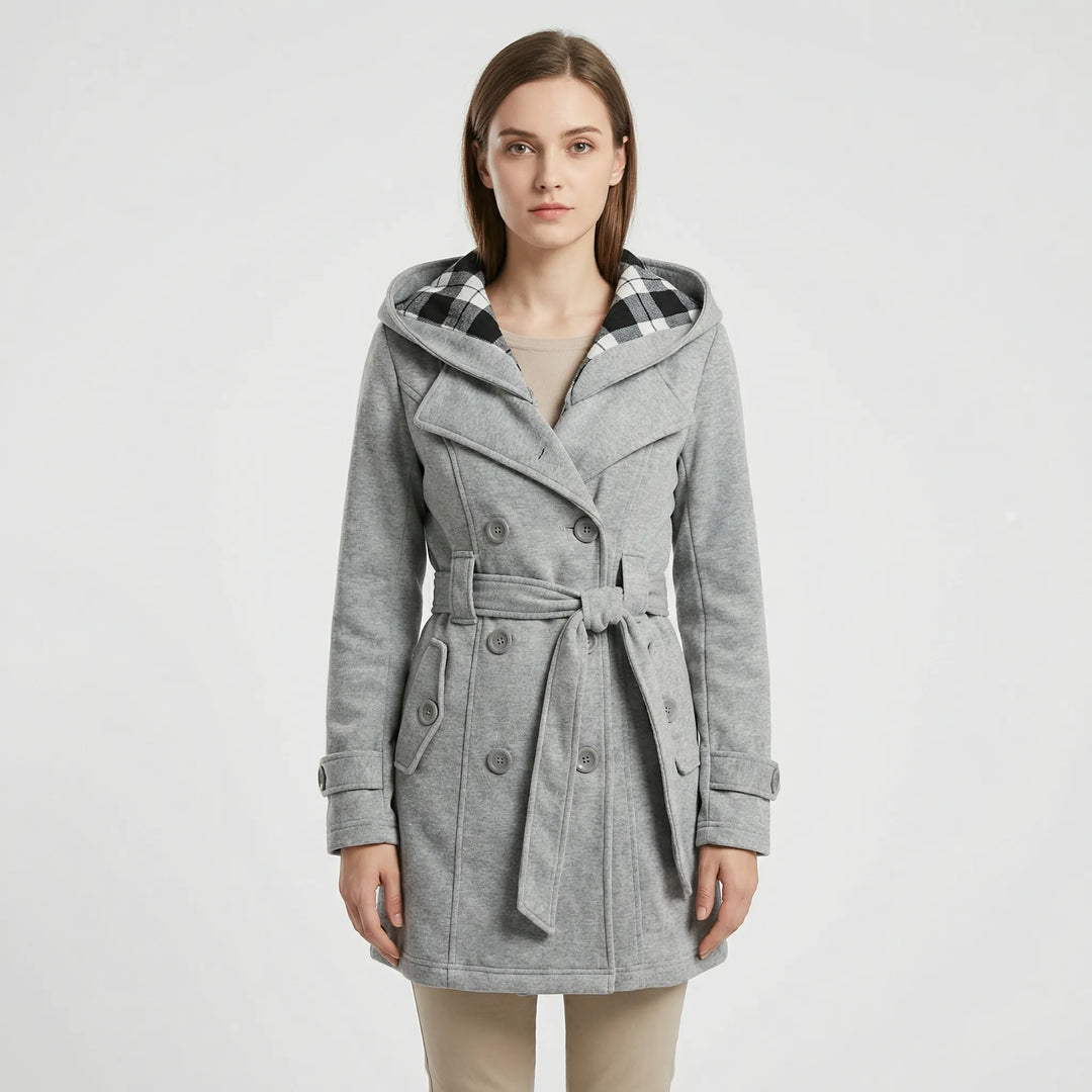 Women's Hooded Trench Coat with Double-Breasted Belt